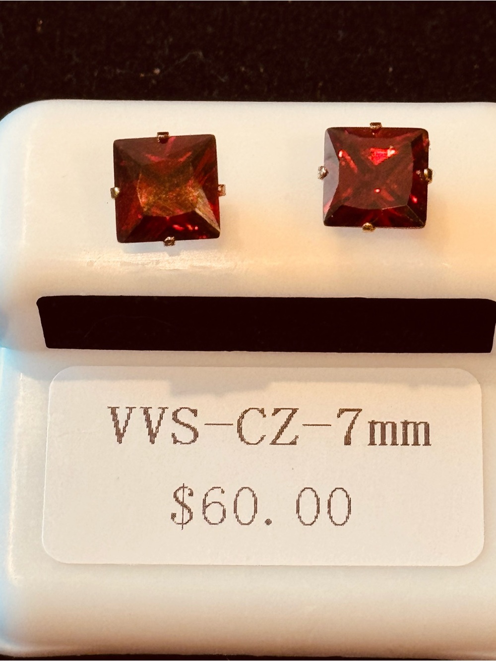 AJ USA Princess Cut VVS CZ  Garnet Red Studs 7mm Stainless Steel SS Plating NWT